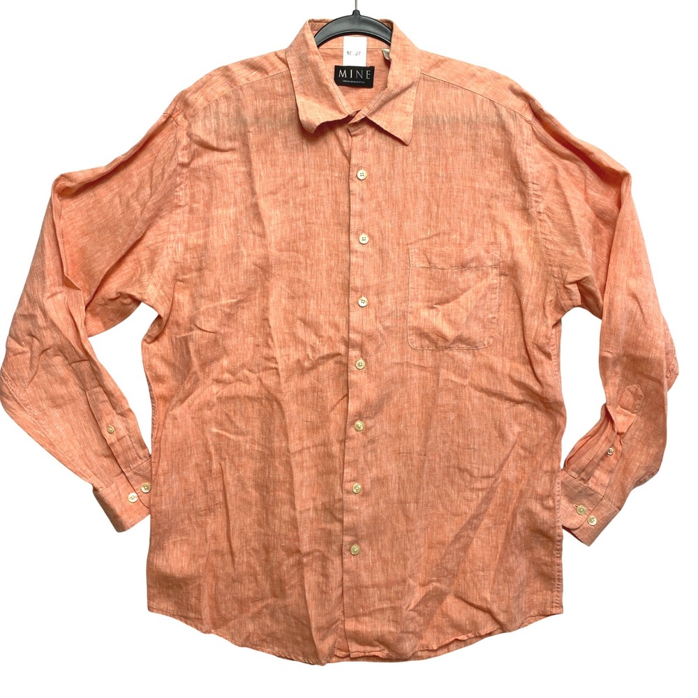 MINE Shirt Mens Large Orange Long Sleeve 100% Linen Button Up
